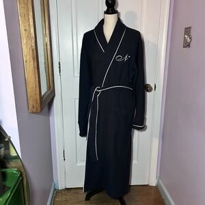 Pottery Barn Medium Hotel Bath Robe Navy Blue  White Trim MONOGRAM N